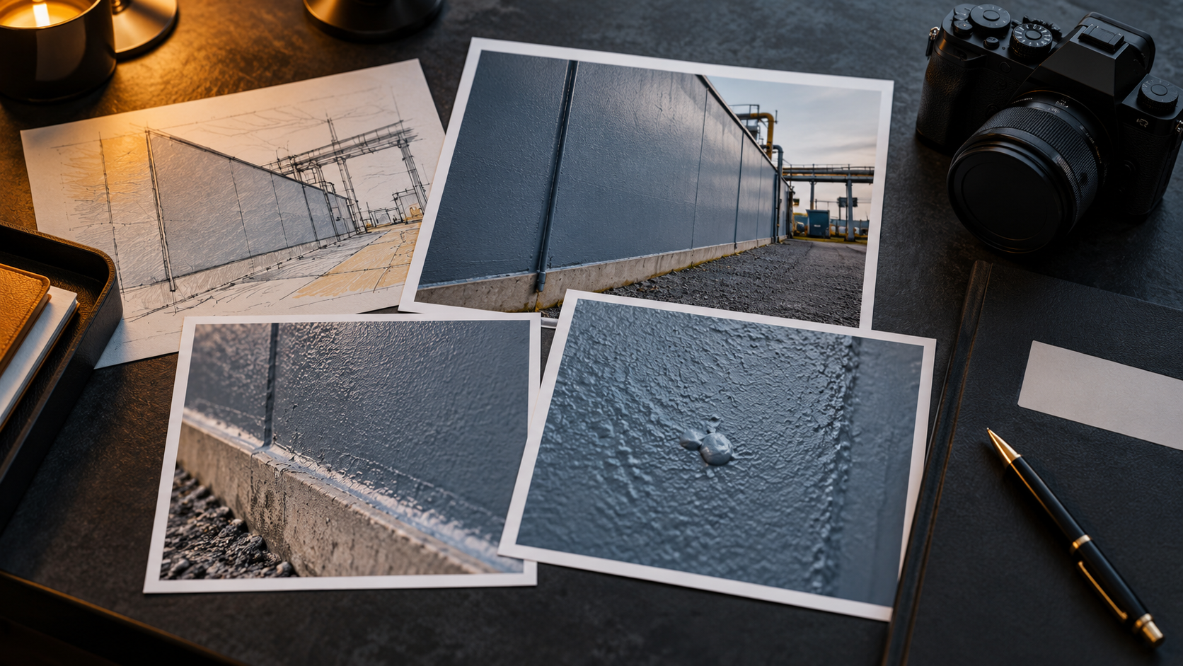 Illustration of coating-condition photographs and a site sketch organized for a technical inquiry.