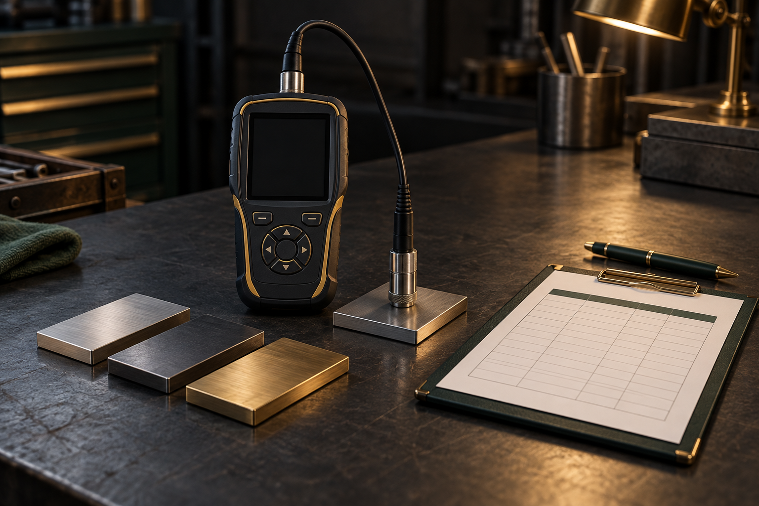 Conceptual illustration of a coating thickness gauge, reference coupons and a blank inspection record on a workshop bench.