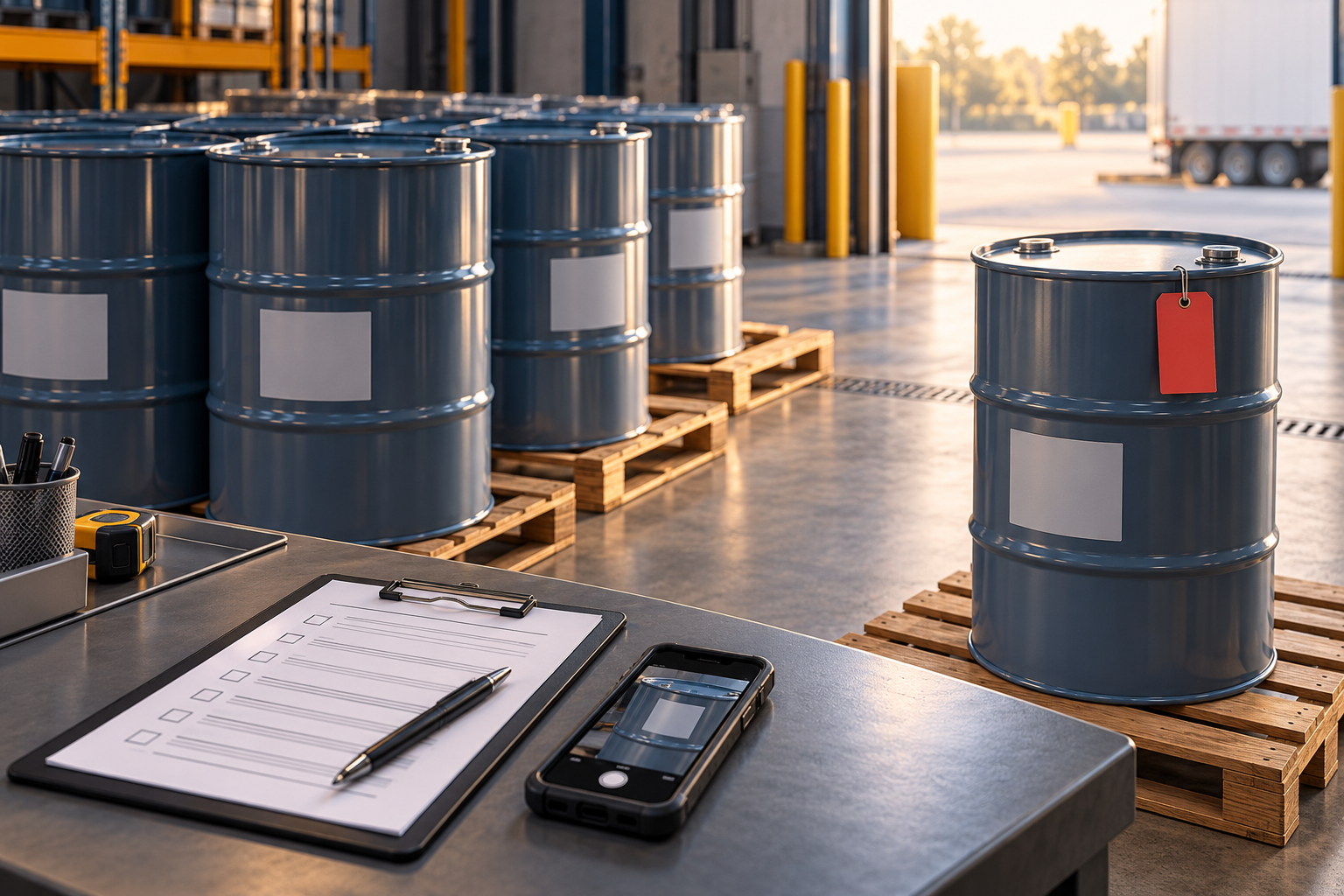Illustration of closed coating drums in a receiving bay, with a checklist, label-photo phone and a separate red-tagged drum.