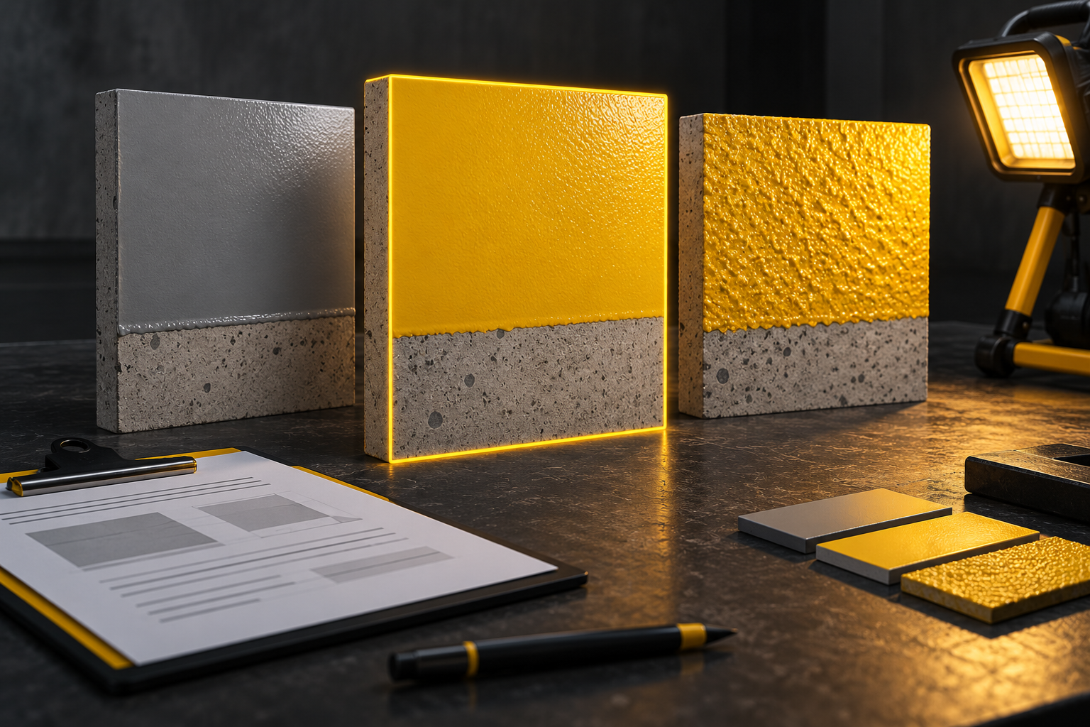 Conceptual illustration of grey and yellow coated concrete mock-up panels beside a clipboard and inspection lamp.