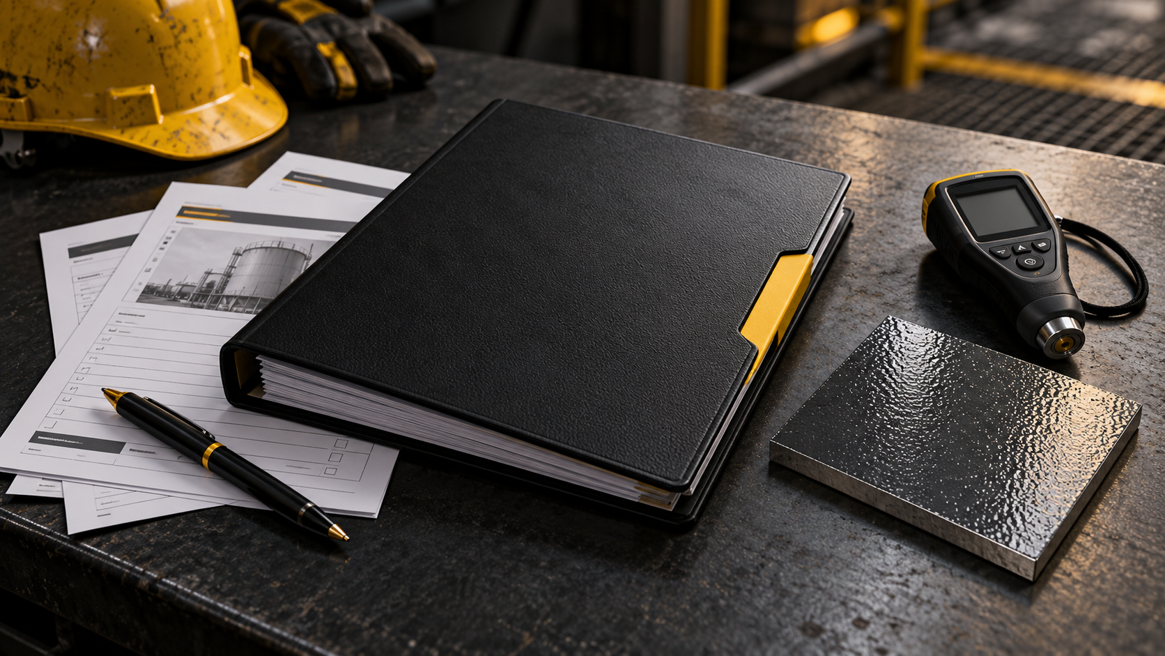 Illustration of a coating project binder, inspection sheets, thickness gauge, and coated sample on a dark workbench.