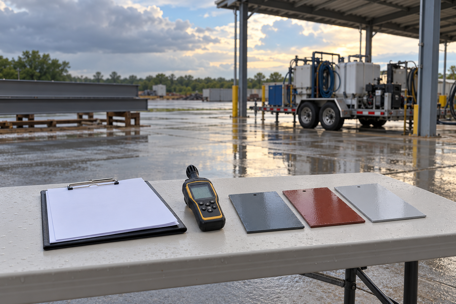Illustration of an environmental meter, clipboard and coated sample panels on an inspection table at a rain-wet industrial site.