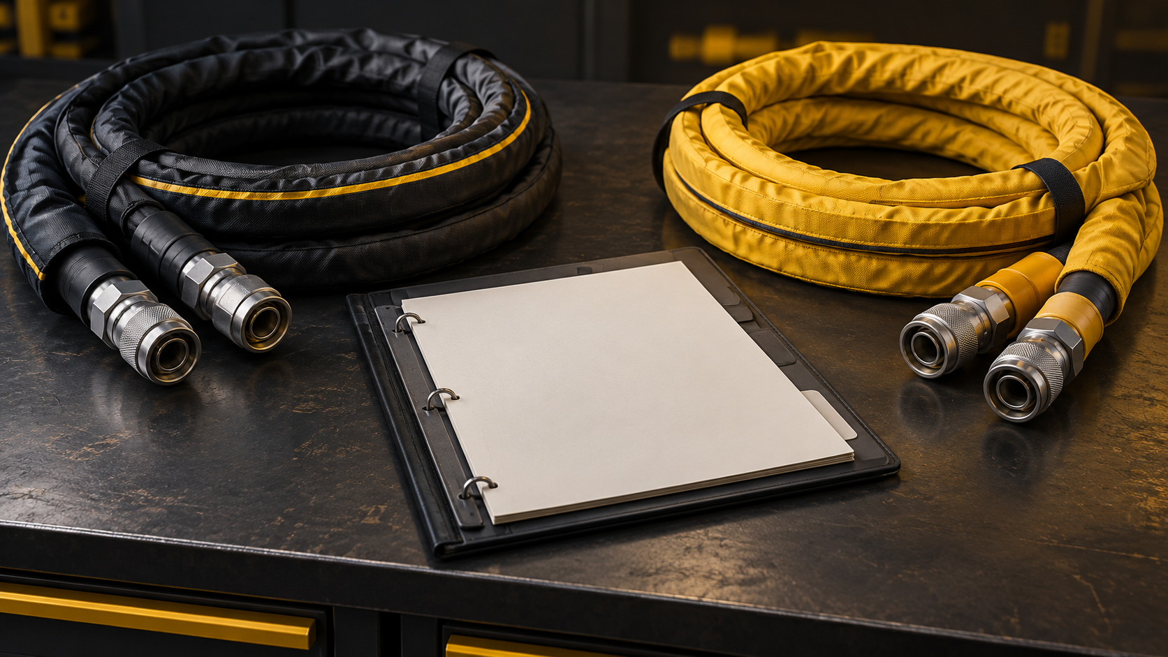 Conceptual illustration of two coiled spray hoses and a material-changeover record on a workbench